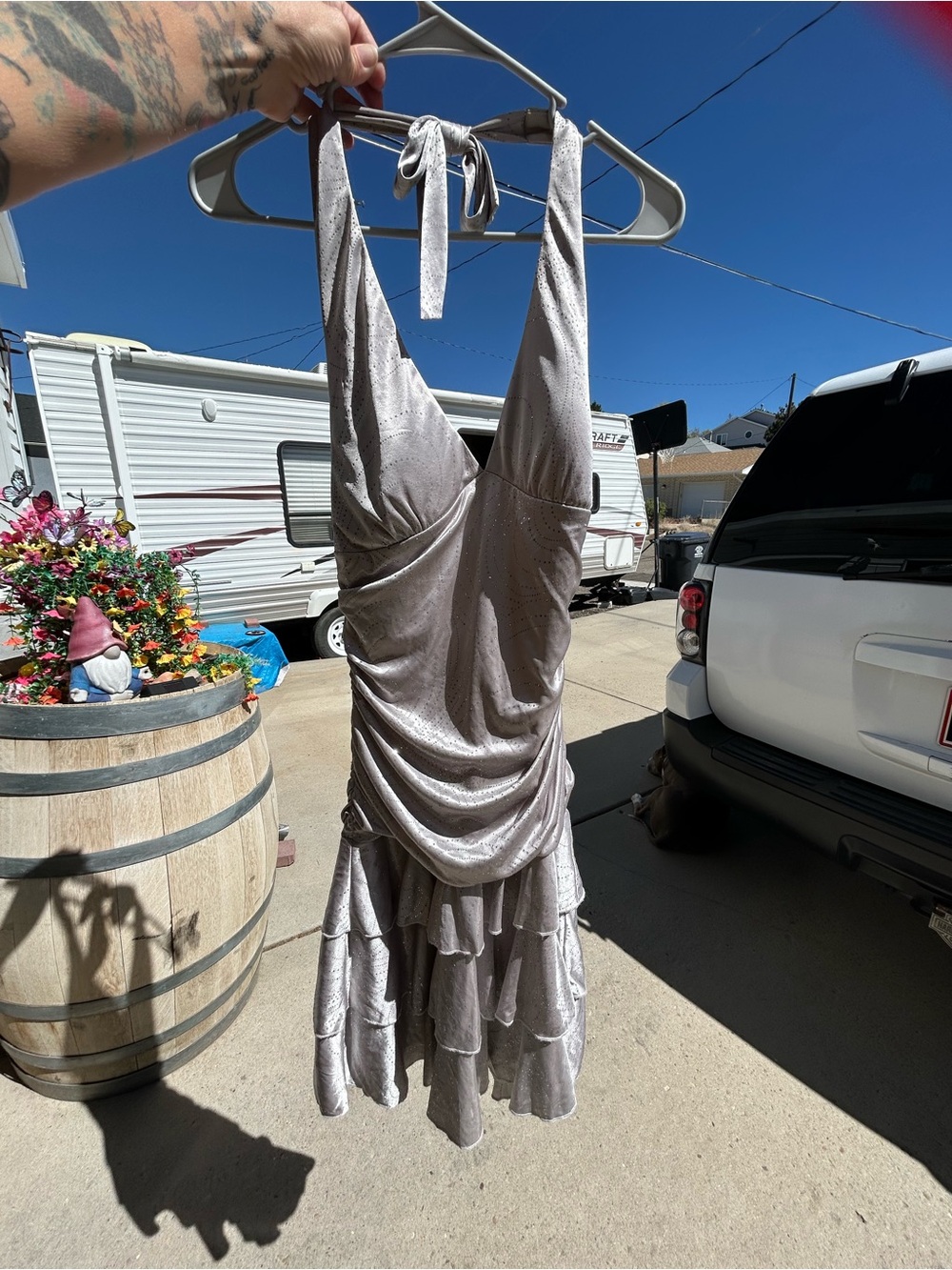 Silver Glitter Halter Ruffle Dress S/M tag is missing